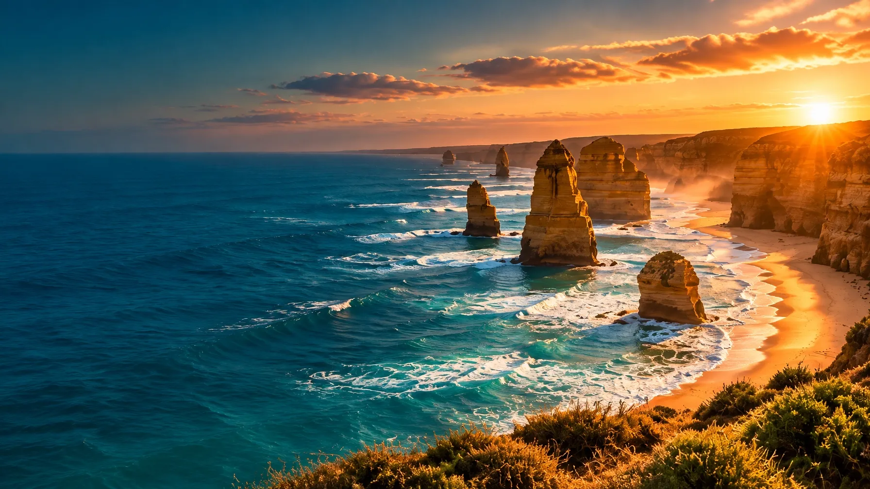 The Twelve Apostles limestone sea stacks on the Great Ocean Road at golden hour